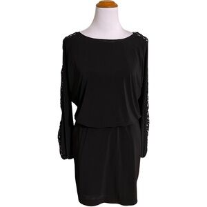 Black Long Sleeve Lace-Trim Shift Dress